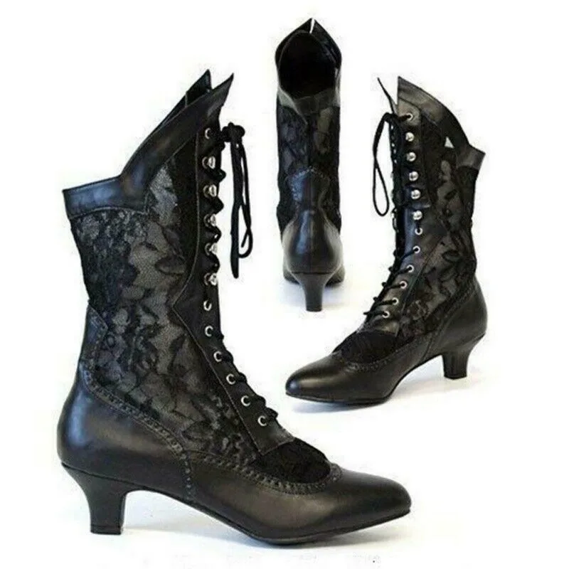 Schwarze Vintage-Damenstiefeletten, viktorianisch, spitze Zehen, PU, Schnürung, mittlerer Absatz.