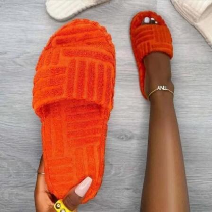 Orange Damen-Fellpantoffeln, dicke Sohle, warm, rutschfest, modisch, bequem, Indoor-Slipper.