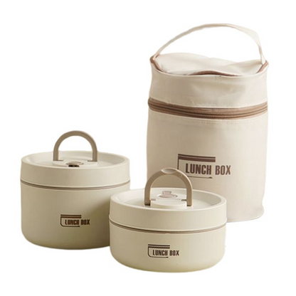 Thermische Lunchbox Set, beige, mit Aufbewahrungstasche, Bento Box, isoliert, für Schule.