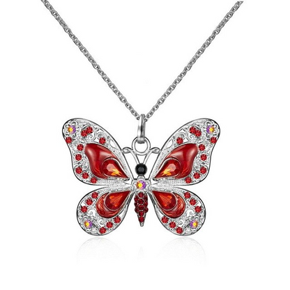 Silberne Schmetterling Halskette mit roten Kristallen, Damen Schmuck, Party Geschenk.