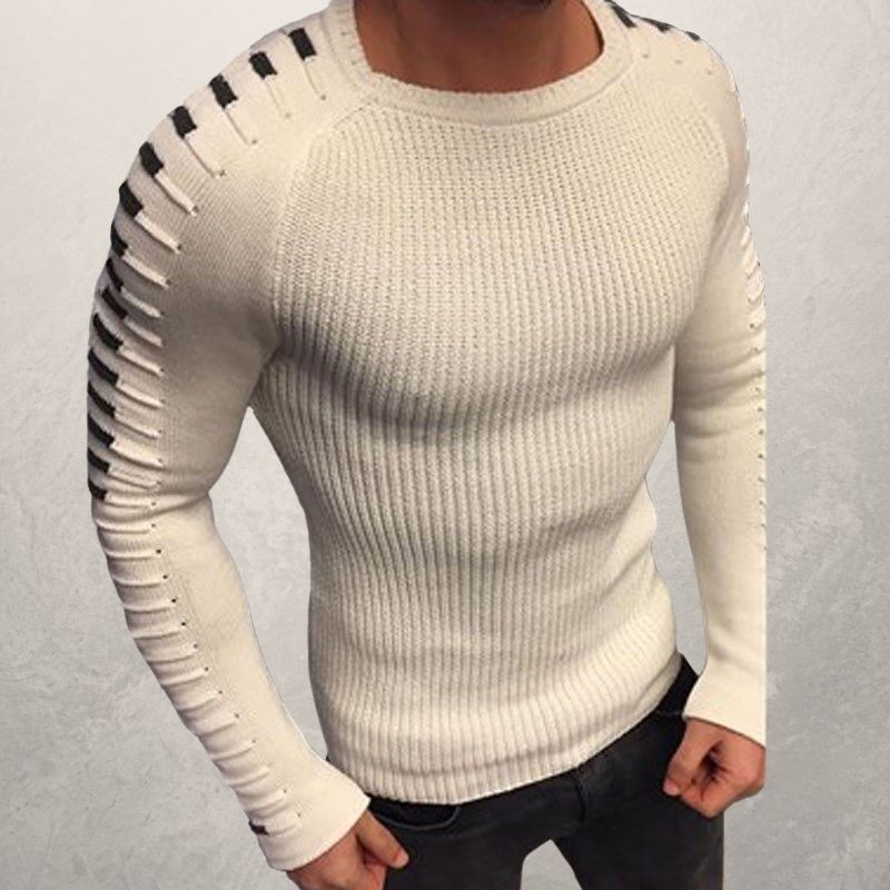 Weißer Herrenpullover mit schwarzen Streifen, Strickdesign, modisch, langärmelig.