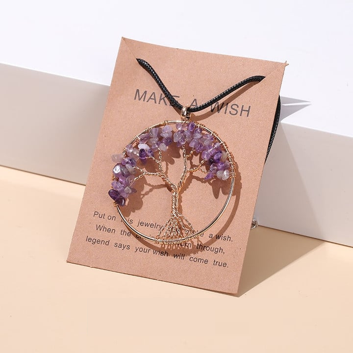 Amethyst-Anhänger mit Baumdesign, lila Kristalle, schwarzes Band, Schmuck für Damen.