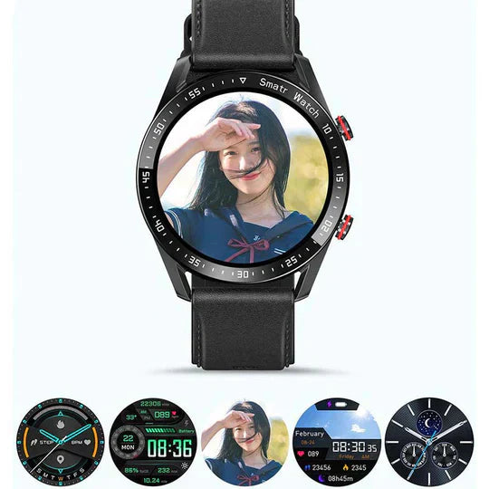 Schwarze Smartwatch mit Lederarmband, runder Bildschirm, verschiedene Zifferblätter, Fitness-Tracker.