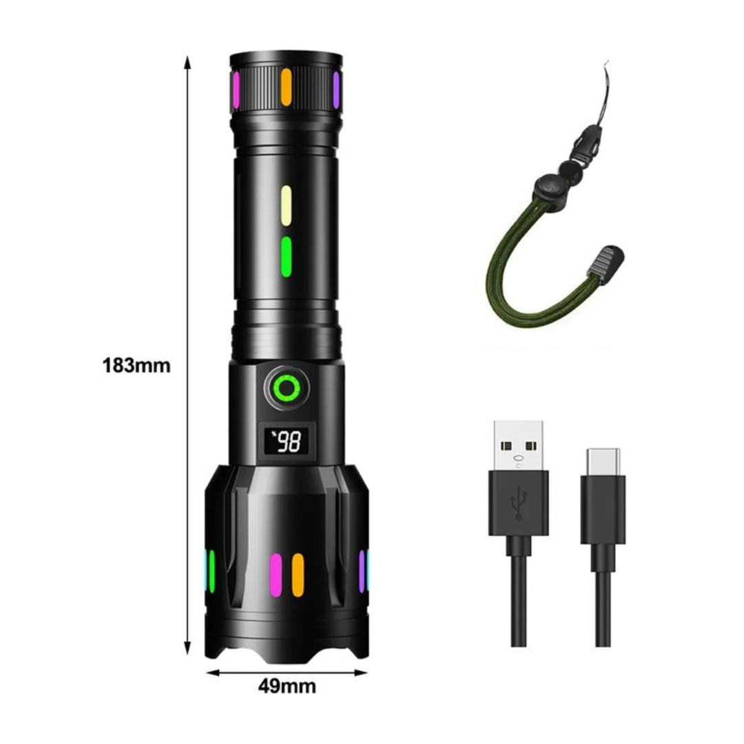 Schwarze LED-Taschenlampe mit USB-Kabel, digitalem Display, 183mm, buntes Design.