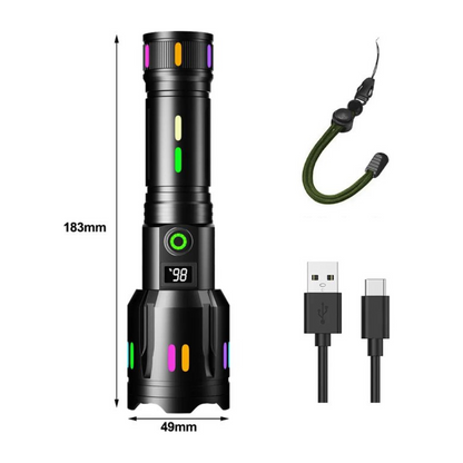 Schwarze LED-Taschenlampe mit USB-Kabel, digitalem Display, 183mm, buntes Design.
