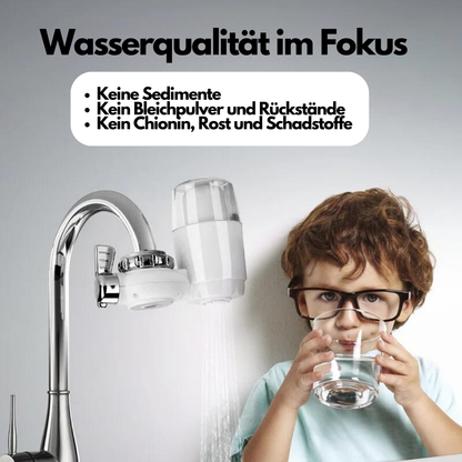 Wasserfilter für Wasserhahn, entfernt Sedimente, Bleichpulver, Rost; Kind trinkt sauberes Wasser.