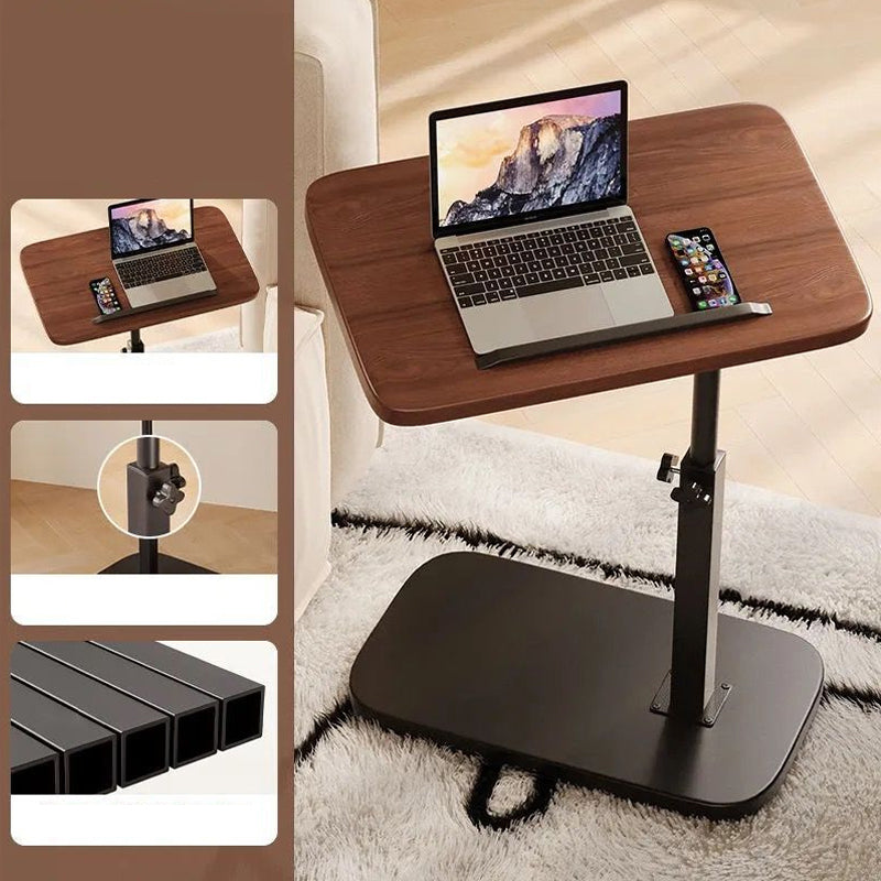 Brunt laptopbord på en lugn matta med tre detaljrutor till vänster: bordet från sidan, justerbar låsvred på stolpen och svarta fyrkantsrör. 3