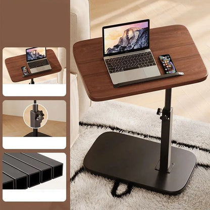Brunt laptopbord på en lugn matta med tre detaljrutor till vänster: bordet från sidan, justerbar låsvred på stolpen och svarta fyrkantsrör. 3