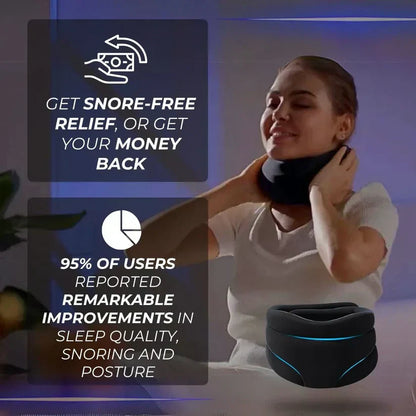 Frau mit schwarzem Nackenkissen, Anti-Schnarch-Kissen, verbessert Schlafqualität, ergonomisch.
