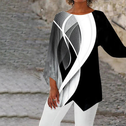 Damenbluse schwarz-weiß, abstraktes Muster, 3/4-Ärmel, elegant, modisch, Freizeitkleidung.