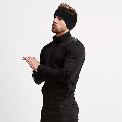 Mann in schwarzer Sportjacke und Stirnband, Fitnessmode, Outdoor-Training, Herrenbekleidung.