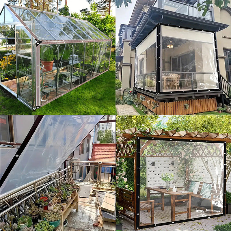 Fyra användningsexempel i en bild: växthus, inglasad veranda, överdrag över krukor på balkong och vindskydd vid en pergola. 8