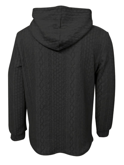 Schwarzer Kapuzenpullover, Herrenmode, Strickmuster, Freizeitkleidung, Rückansicht