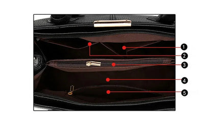 Schwarze Ledertasche mit mehreren Fächern und Reißverschlüssen, Innenansicht, Damenhandtasche.