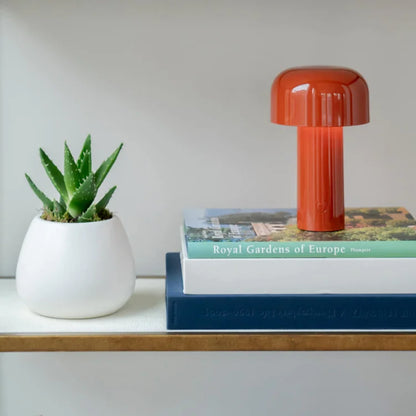 Rote Tischlampe aus Metall neben Aloe Vera Pflanze auf Bücherstapel im modernen Wohnzimmer.