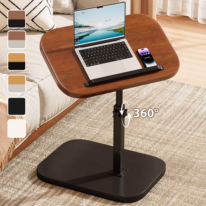 Laptopbord med mörkt träfärgad skiva och svart fot vid en soffa, med bärbar dator och mobil, färgval i sidokolumnen och pil för 360° vridning. 1