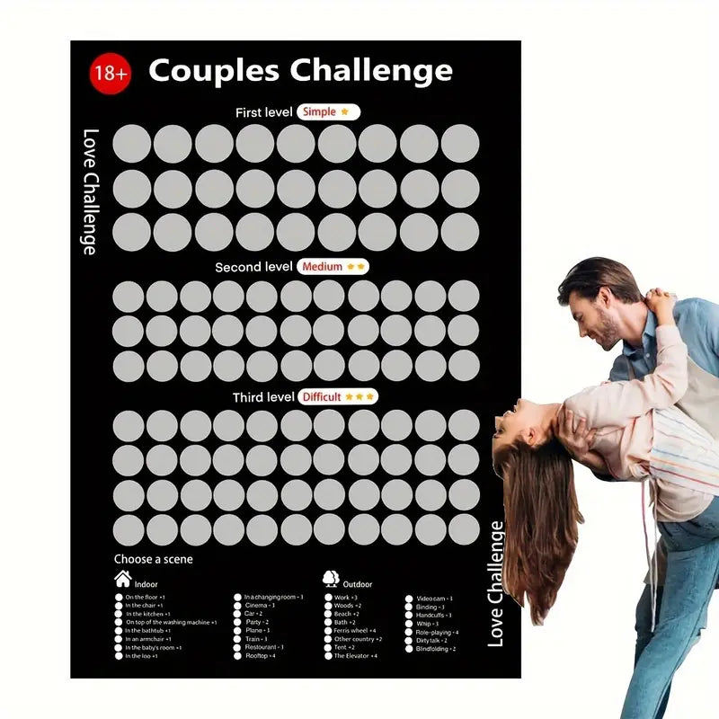 Paar-Challenge-Poster, 18+, schwarz, drei Schwierigkeitsstufen, Indoor- und Outdoor-Aufgaben.