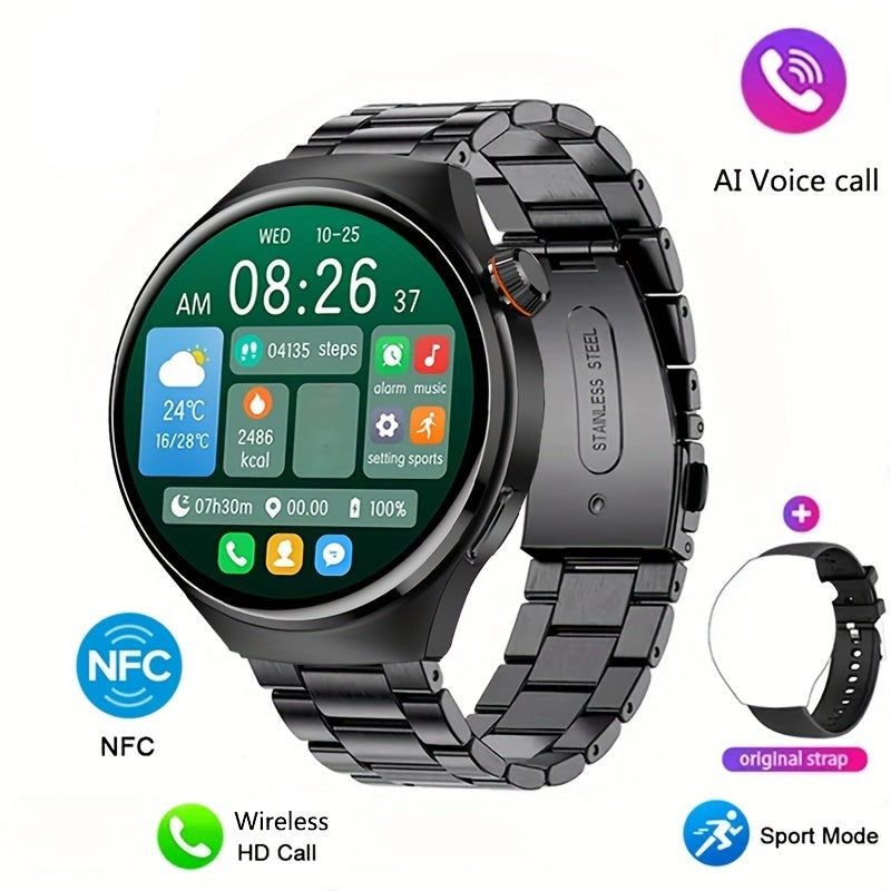 Schwarze Smartwatch mit Edelstahlarmband, NFC, AI-Sprachsteuerung, Sportmodus, HD-Anruf.