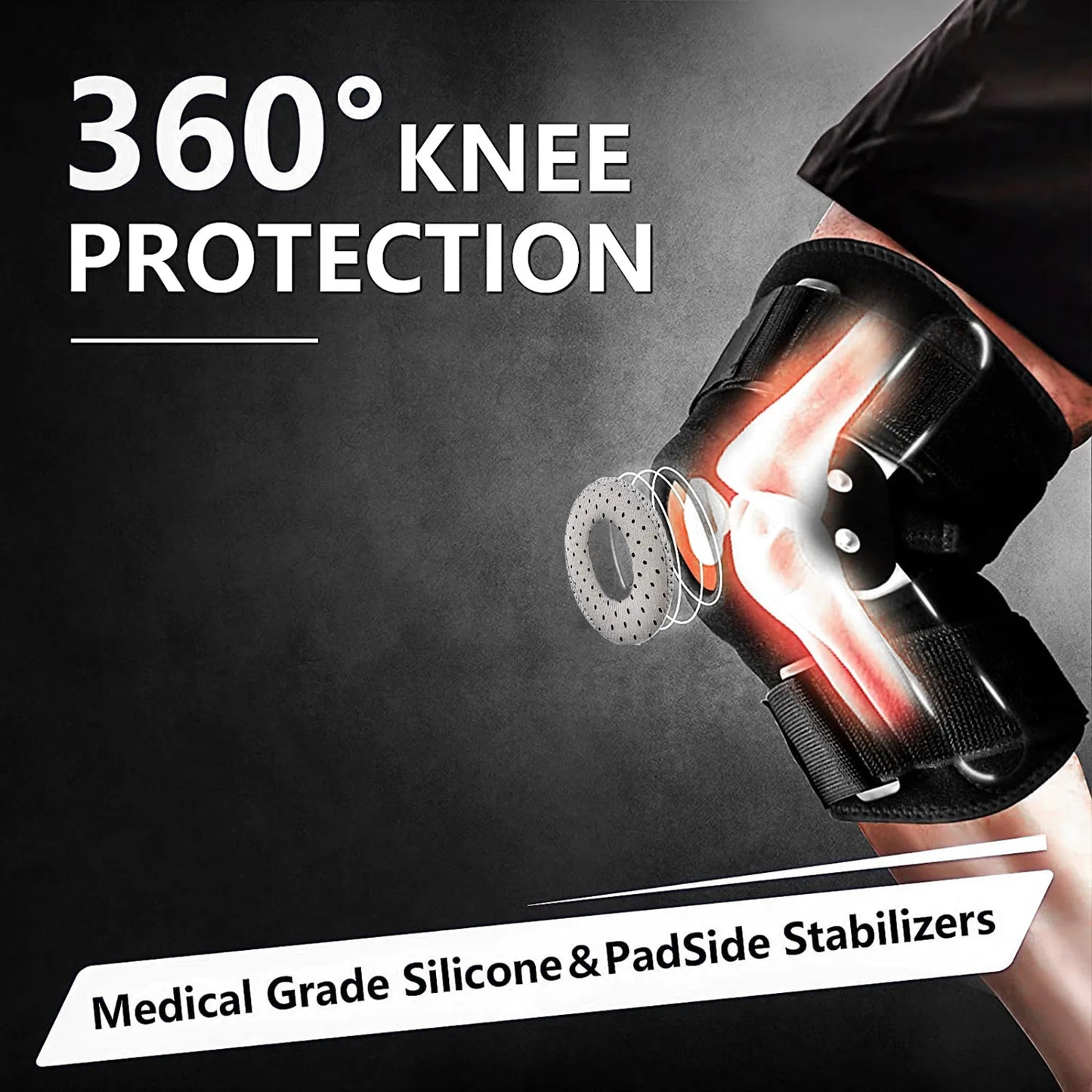 Schwarze Kniebandage mit 360° Schutz, medizinischem Silikon und seitlichen Stabilisatoren.