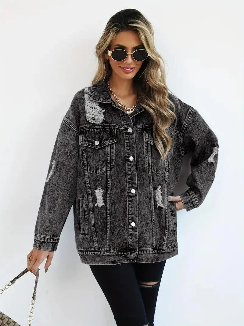 Vattentålig & Fodrad Oversized Dam Jeansjacka med Huva – Höstunderverk Talia