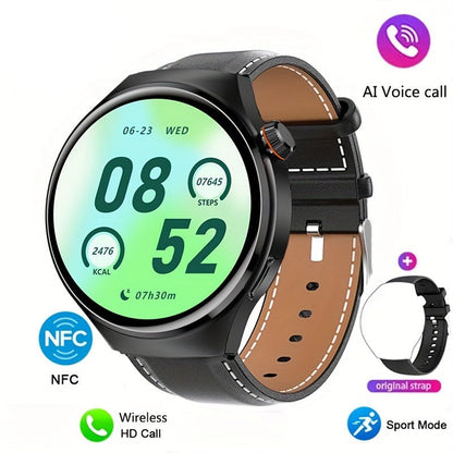 Schwarze Smartwatch mit NFC, AI-Sprachsteuerung, Sportmodus, Lederarmband.
