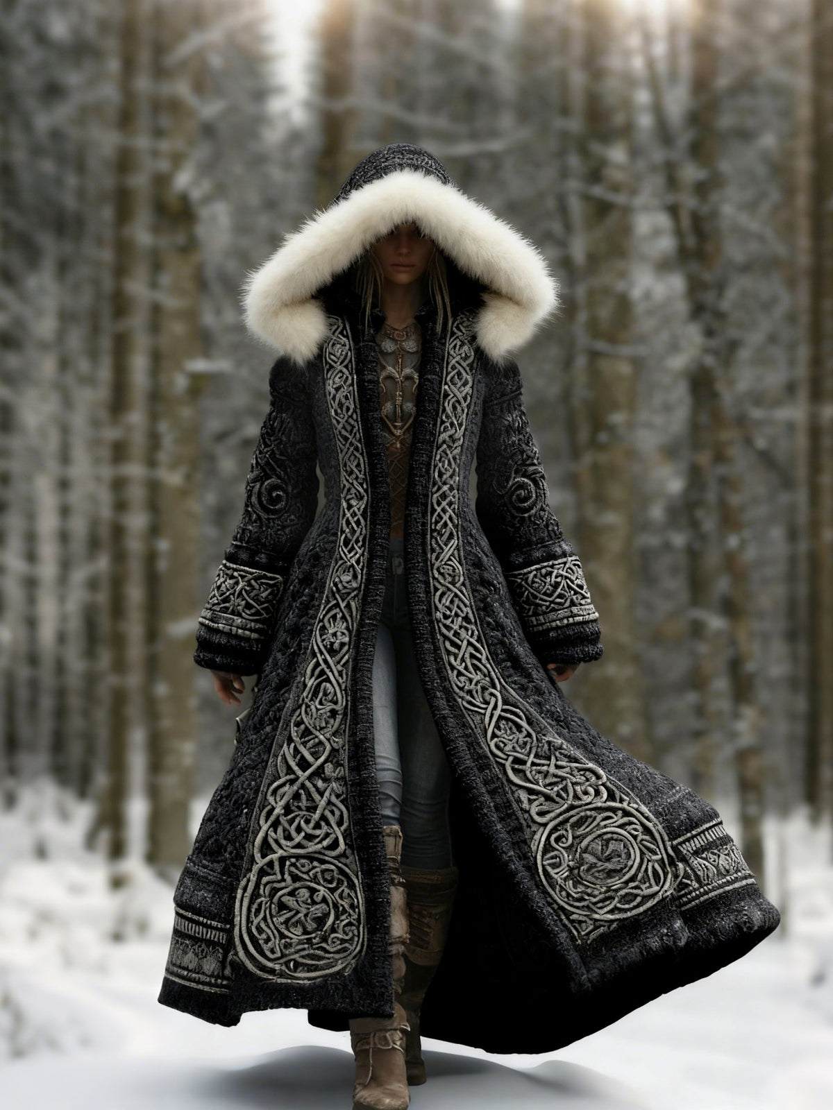 Svart kappa med vit pälskantad huva och mönstrad broderi, buren av modell i snöig skog 1