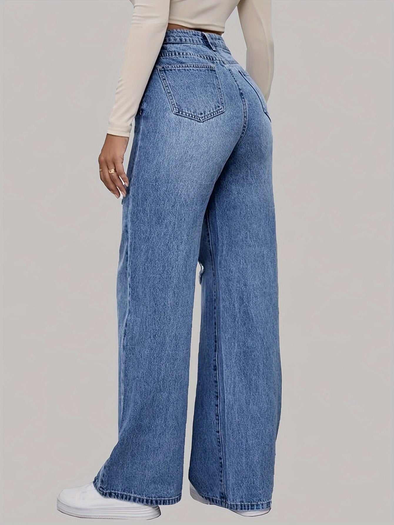 Damen-Jeans, blau, High-Waist, weites Bein, Denim, modisch, lässig, Streetwear.