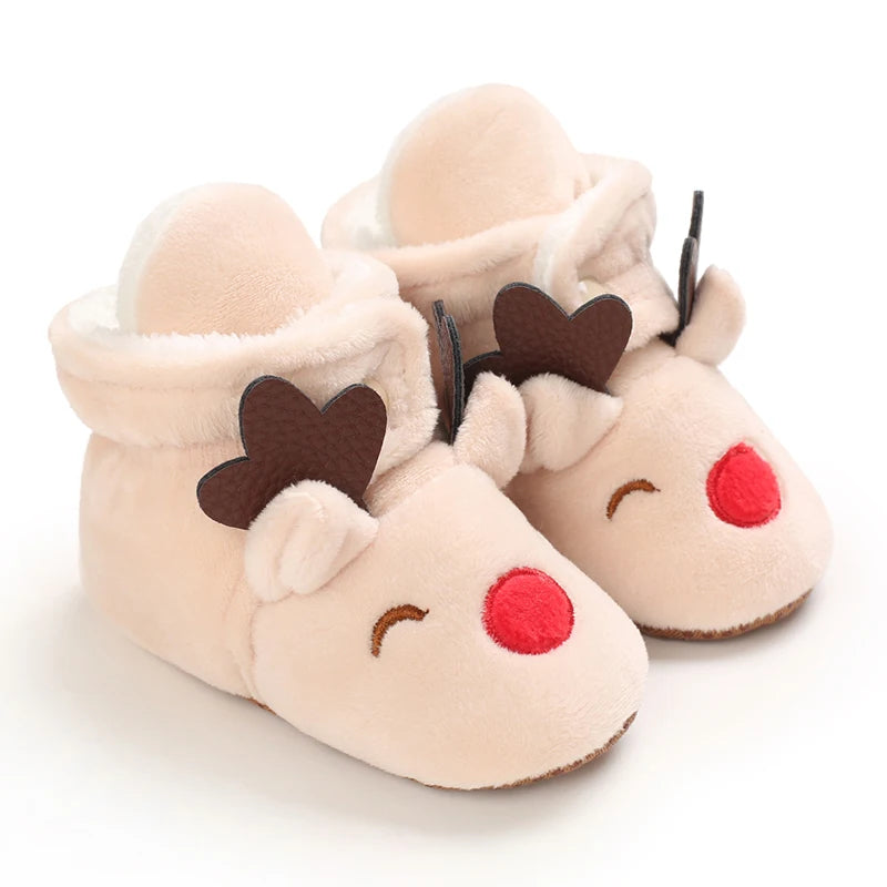 Beige Baby Hausschuhe Rentier Design, Plüsch, warme Winter Pantoffeln, roter Nasenakzent.