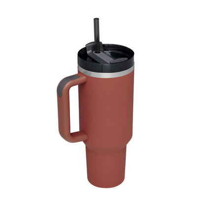 Roter Thermobecher mit Henkel und Strohhalm, Edelstahl, isoliert, 1 Liter, auslaufsicher.