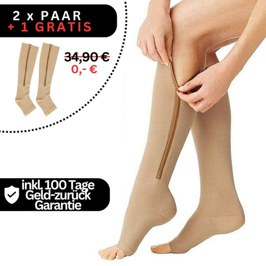 Beige Kompressionsstrümpfe mit Reißverschluss, 2 Paar, Angebot, medizinische Stützstrümpfe.