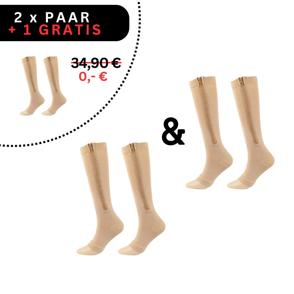 Beige Kompressionsstrümpfe mit Reißverschluss, 2+1 Angebot, medizinische Stützstrümpfe.