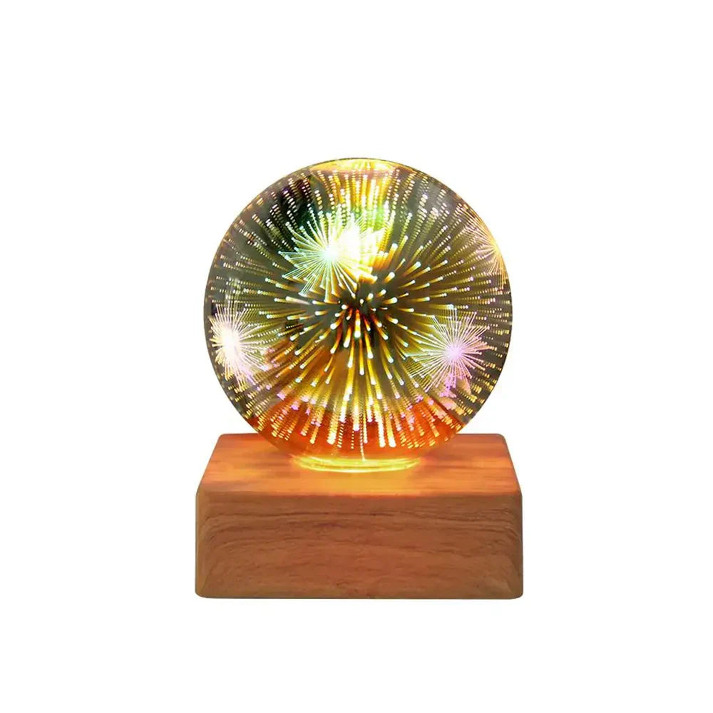 3D-Feuerwerk Kristallkugel Lampe, USB, Nachtlicht, Holzsockel, Schlafzimmer Deko, bunt leuchtend.