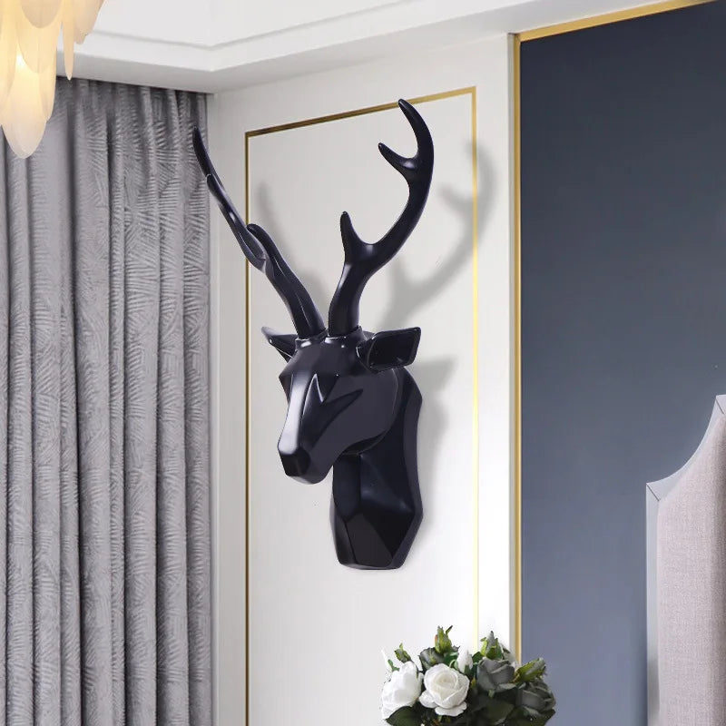 Schwarzes 3D-Hirschkopf-Wanddeko-Skulptur, modernes Tierdesign, Wohnzimmer-Dekoration.