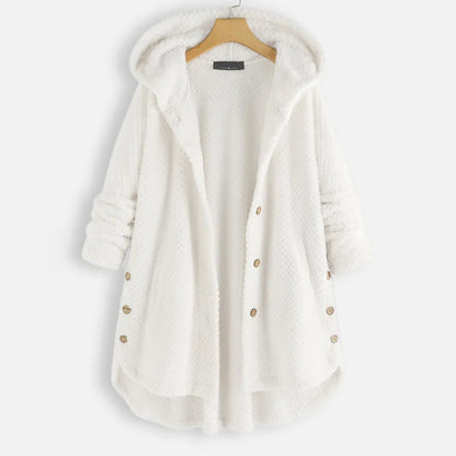 Weiße Damen-Fleecejacke mit Kapuze, Knöpfen und Taschen, gemütlich und warm.
