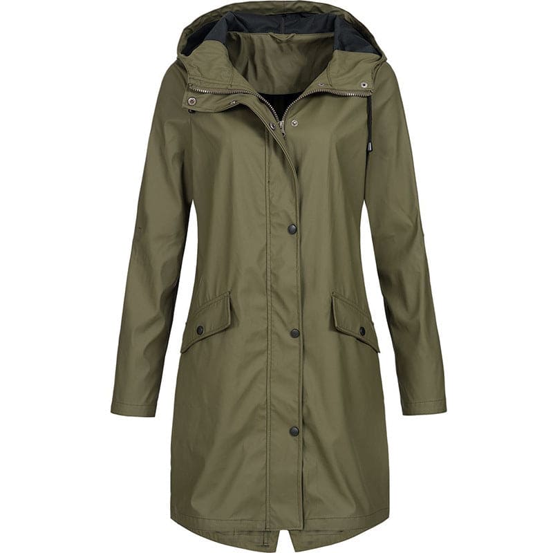 Damen Regenmantel olivgrün, wasserdicht, Kapuze, Outdoor-Bekleidung, modisch, funktional.