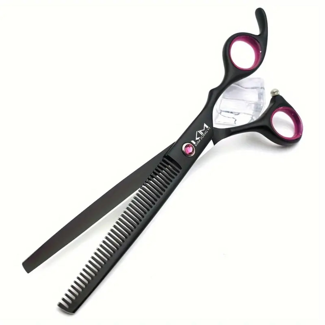 Schwarze Friseurschere mit pinken Griffen, Haarschneidewerkzeug, professionell, Edelstahl.