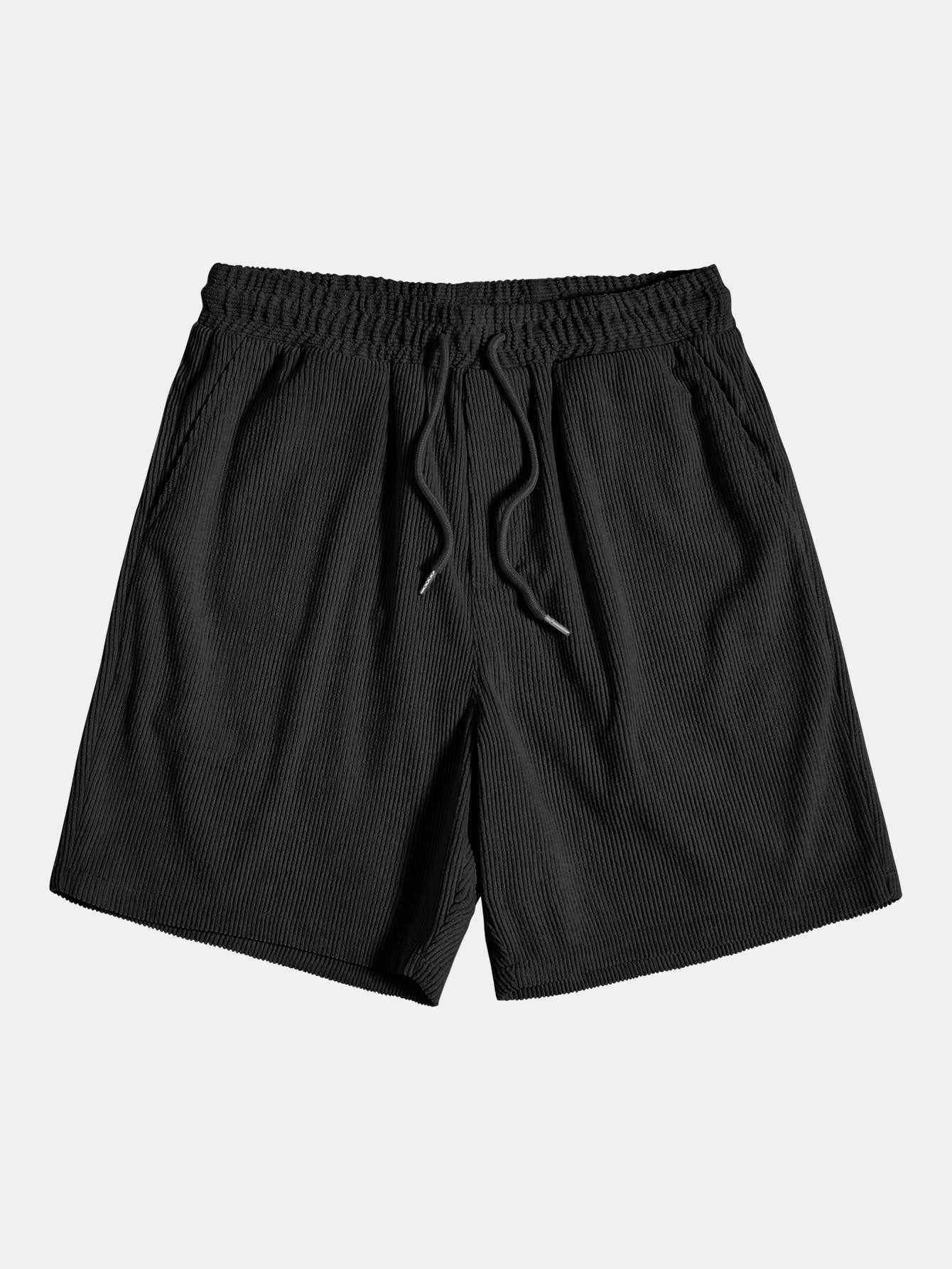 Schwarze Herren-Shorts, gerippt, elastischer Bund, Kordelzug, Freizeitmode.
