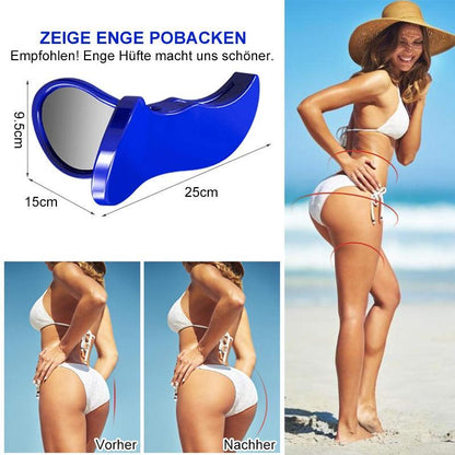 Blaue Hüfttrainer-Klemme, Fitnessgerät, strafft Gesäß, Frau im Bikini, Strandhintergrund.