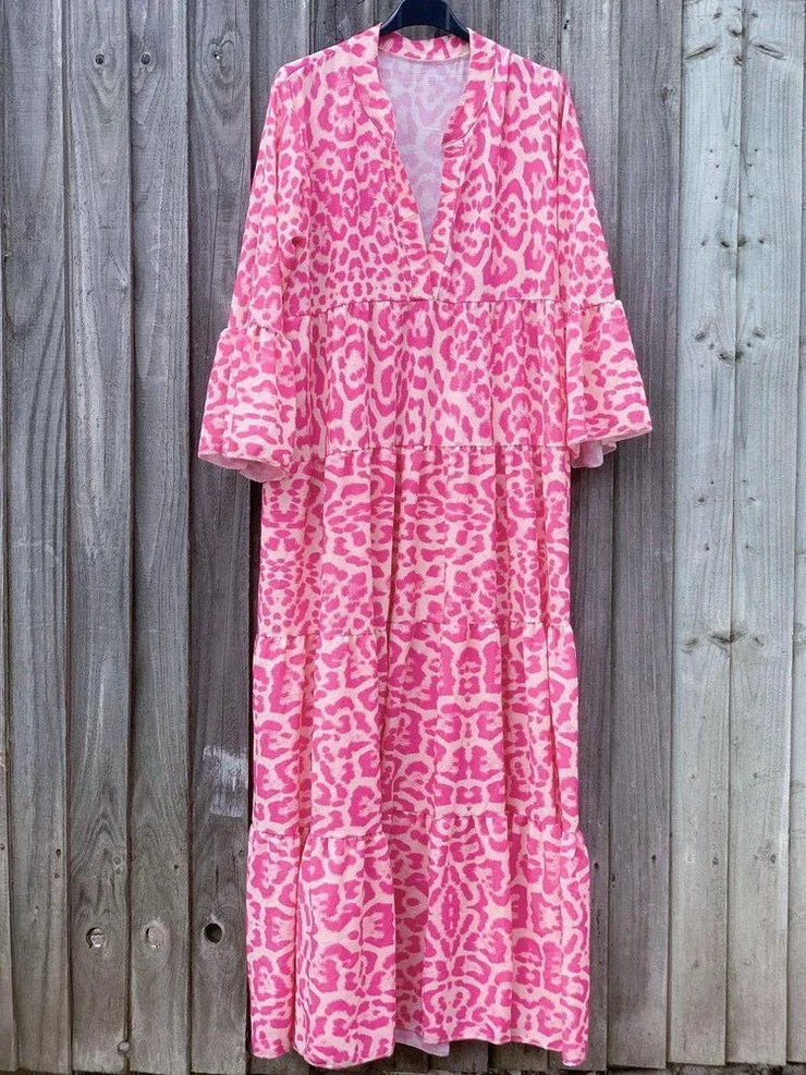 Rosa Kaftan mit Leopardenmuster, V-Ausschnitt, langärmelig, Damenmode, Sommerkleidung.