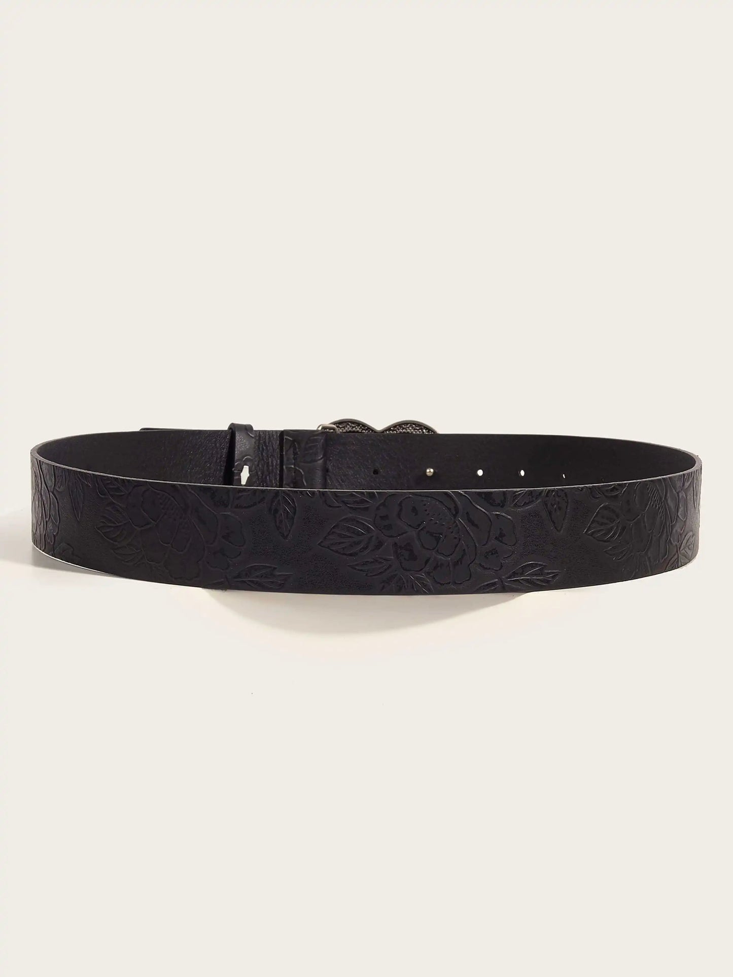 Schwarzer Ledergürtel mit Blumenmuster, modisches Accessoire, Unisex, elegant und vielseitig.