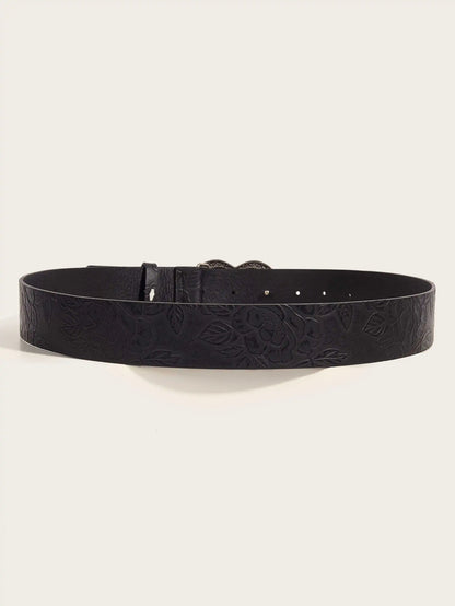 Schwarzer Ledergürtel mit Blumenmuster, modisches Accessoire, Unisex, elegant und vielseitig.