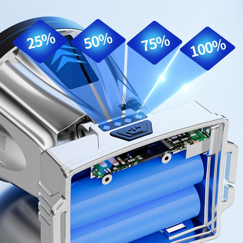 Elektrischer Rasierer mit LED-Anzeige, silber-blau, Akkustand 25-100%, kabellos, modern.