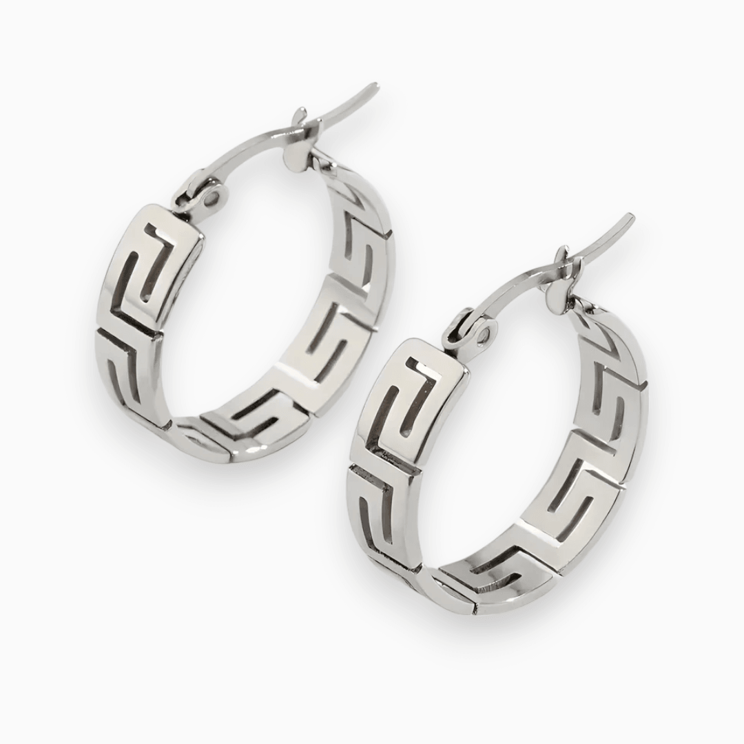 Silberne Creolen Ohrringe mit geometrischem Muster, Edelstahl, modisches Schmuckdesign.
