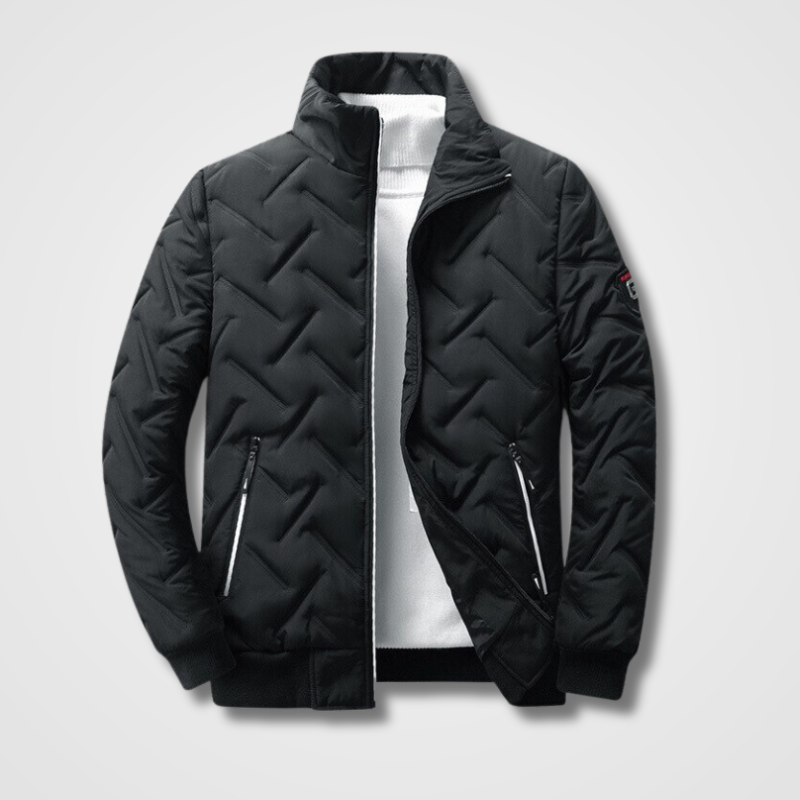 Schwarze Herren-Steppjacke, Reißverschluss, Stehkragen, Wintermode, warm, stylisch.