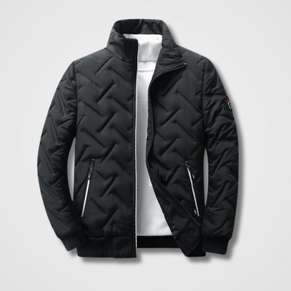 Schwarze Herren-Steppjacke, Reißverschluss, Stehkragen, Wintermode, warm, stylisch.