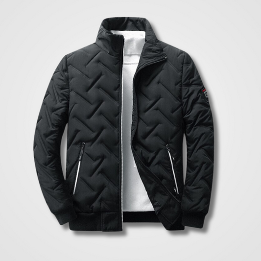 Schwarze Herren-Steppjacke, Reißverschluss, Stehkragen, Wintermode, warm, stylisch.