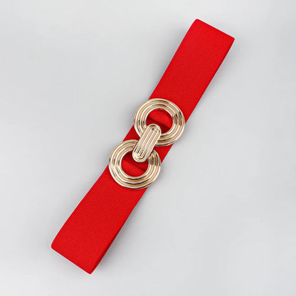 Roter Gürtel mit goldener Schnalle, Damenmode-Accessoire, elastisch, elegant, modisch.