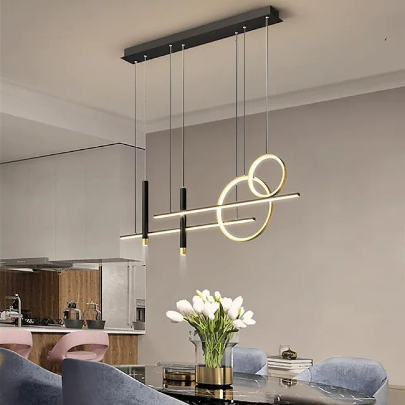 Moderne LED-Pendelleuchte, schwarz-gold, geometrisches Design, Esszimmer, Innenbeleuchtung.