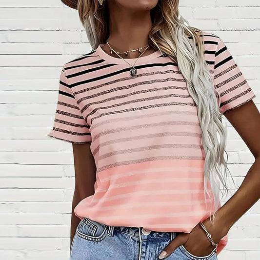 Randig dam T-shirt med rund halsringning och färgövergång – Melia