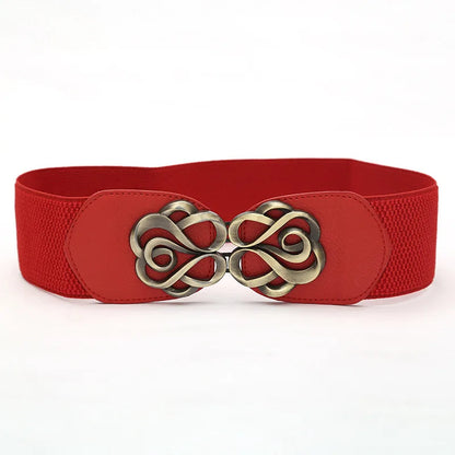 Roter elastischer Gürtel mit dekorativer Metallschnalle, modisches Accessoire für Damen.
